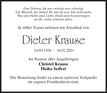 Traueranzeige von Dieter Krause von Märkischen Allgemeine Zeitung
