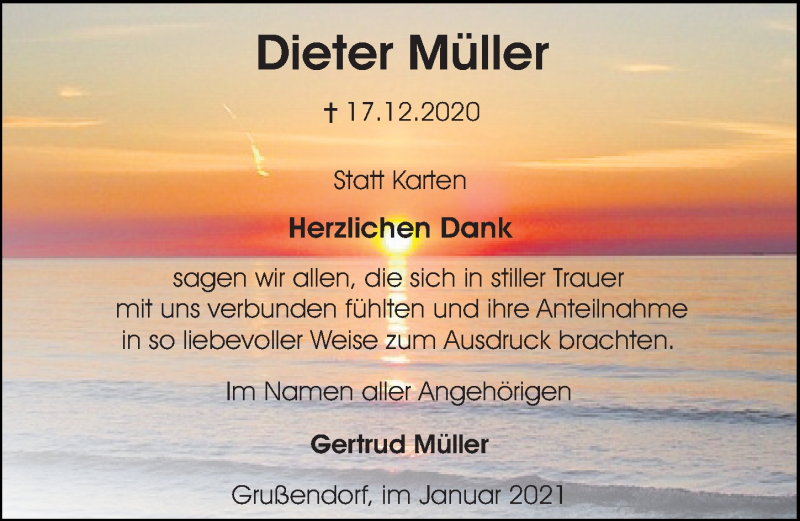 Traueranzeige für Dieter Müller vom 30.01.2021 aus Aller Zeitung