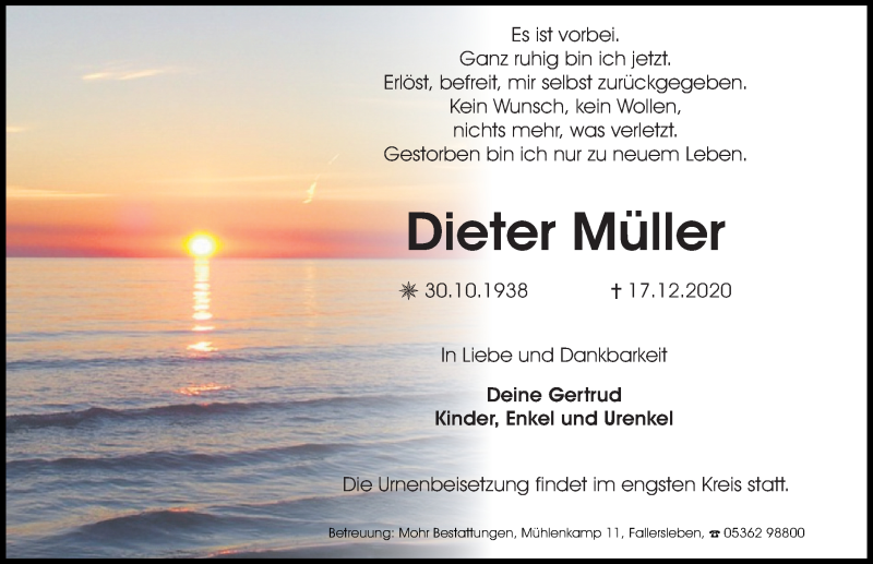  Traueranzeige für Dieter Müller vom 02.01.2021 aus Aller Zeitung
