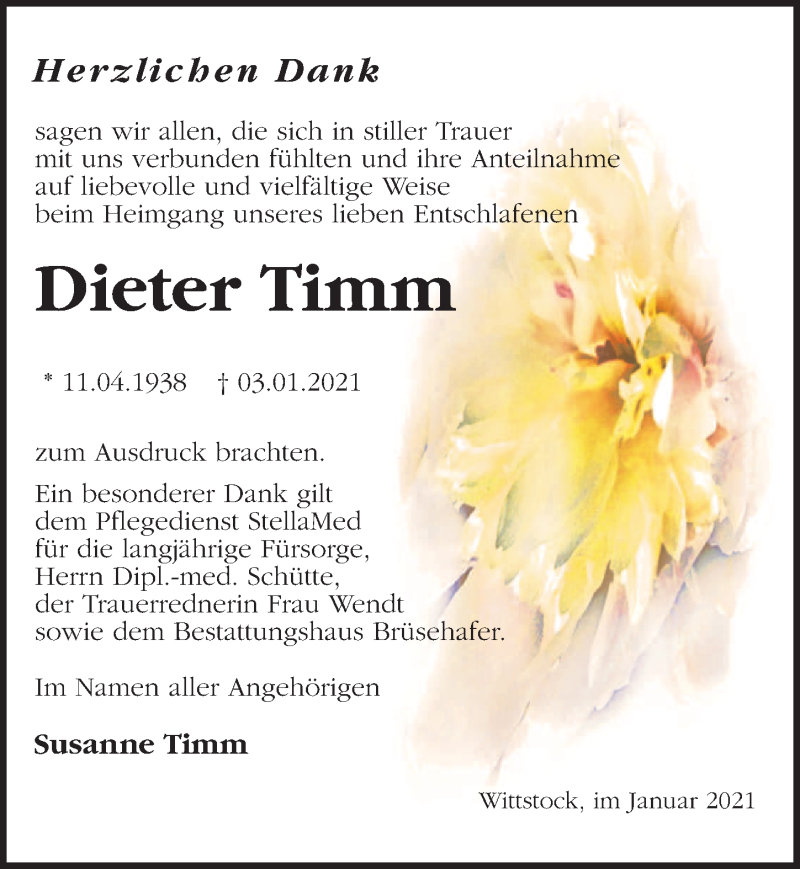  Traueranzeige für Dieter Timm vom 30.01.2021 aus Märkischen Allgemeine Zeitung