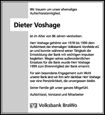Traueranzeige von Dieter Voshage von Aller Zeitung