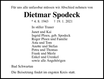 Traueranzeige von Dietmar Spodeck von Lübecker Nachrichten