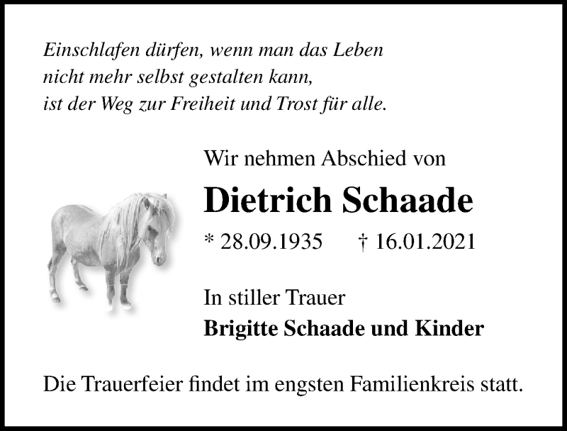  Traueranzeige für Dietrich Schaade vom 23.01.2021 aus Märkischen Allgemeine Zeitung