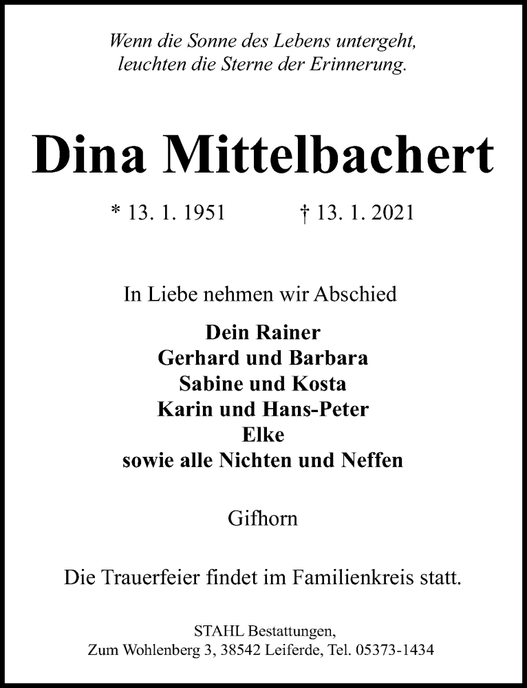  Traueranzeige für Dina Mittelbachert vom 16.01.2021 aus Aller Zeitung