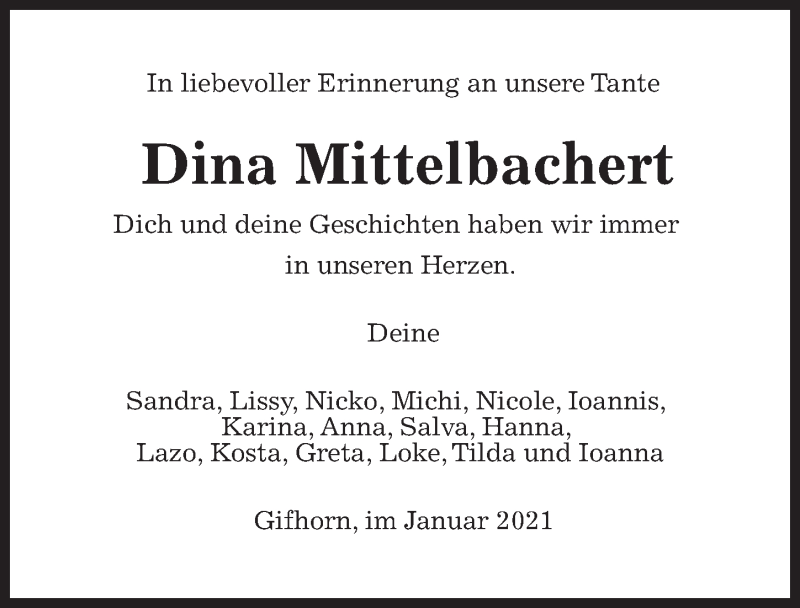  Traueranzeige für Dina Mittelbachert vom 20.01.2021 aus Aller Zeitung