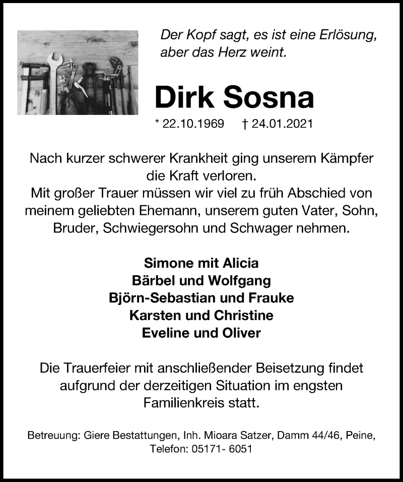  Traueranzeige für Dirk Sosna vom 30.01.2021 aus Peiner Allgemeine Zeitung