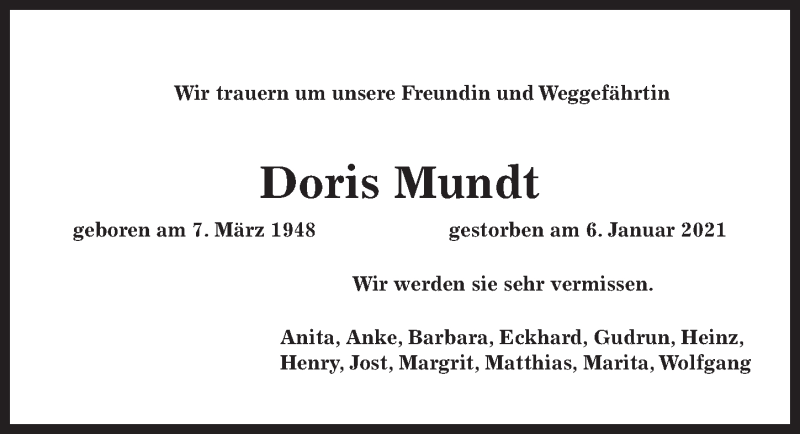  Traueranzeige für Doris Mundt vom 16.01.2021 aus Hannoversche Allgemeine Zeitung/Neue Presse