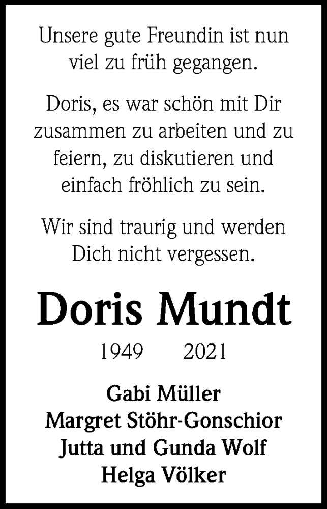  Traueranzeige für Doris Mundt vom 16.01.2021 aus Hannoversche Allgemeine Zeitung/Neue Presse