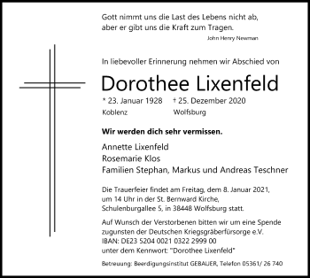 Traueranzeige von Dorothee Lixenfeld von Aller Zeitung