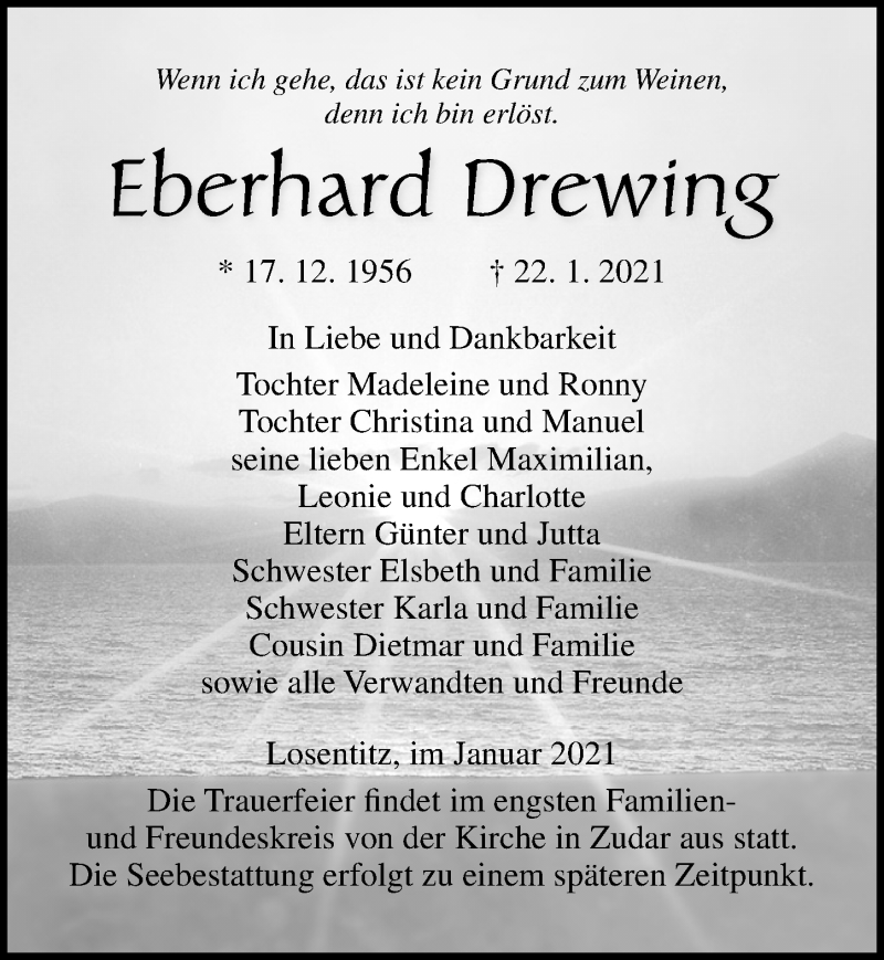  Traueranzeige für Eberhard Drewing vom 27.01.2021 aus Ostsee-Zeitung GmbH