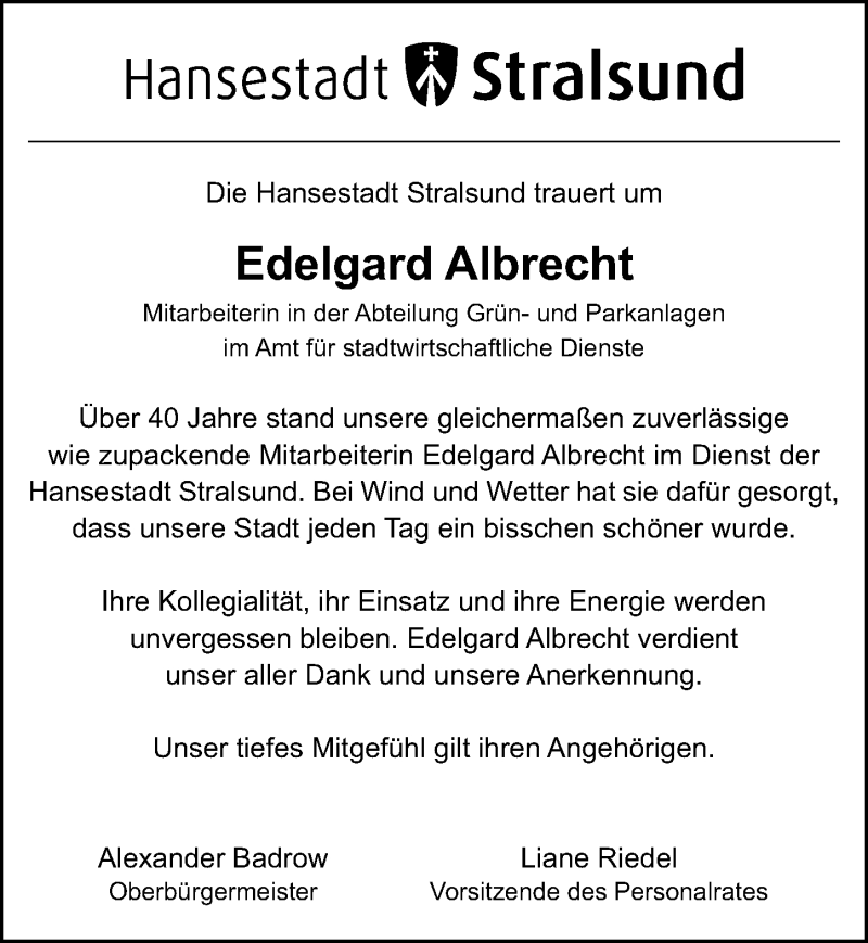  Traueranzeige für Edelgard Albrecht vom 23.01.2021 aus Ostsee-Zeitung GmbH