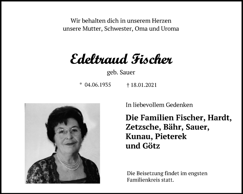  Traueranzeige für Edeltraud Fischer vom 21.01.2021 aus Märkischen Allgemeine Zeitung