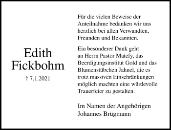 Traueranzeige von Edith Fickbohm von Lübecker Nachrichten