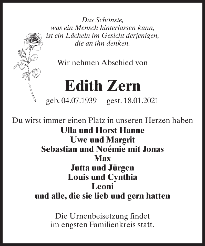  Traueranzeige für Edith Zern vom 23.01.2021 aus Märkischen Allgemeine Zeitung