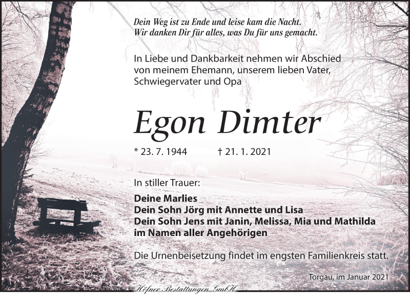  Traueranzeige für Egon Dimter vom 23.01.2021 aus Torgauer Zeitung