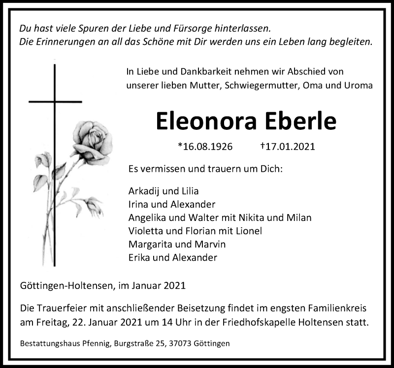  Traueranzeige für Eleonora Eberle vom 21.01.2021 aus Göttinger Tageblatt