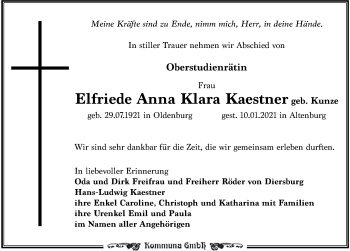 Traueranzeige von Elfriede Anna Klara Kaestner von Leipziger Volkszeitung