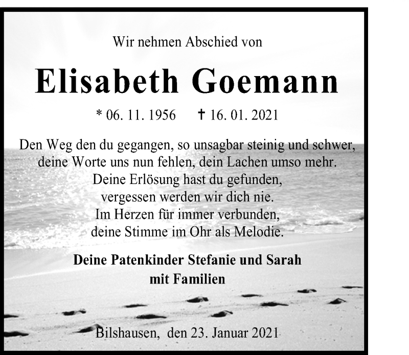  Traueranzeige für Elisabeth Goemann vom 23.01.2021 aus Eichsfelder Tageblatt