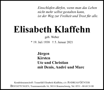 Traueranzeige von Elisabeth Klaffehn von Aller Zeitung