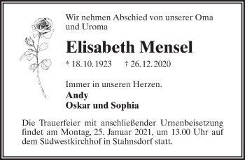 Traueranzeige von Elisabeth Mensel von Märkischen Allgemeine Zeitung