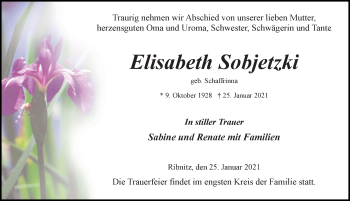 Traueranzeige von Elisabeth Sobjetzki von Ostsee-Zeitung GmbH