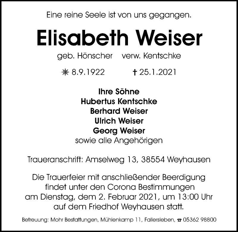  Traueranzeige für Elisabeth Weiser vom 30.01.2021 aus Aller Zeitung
