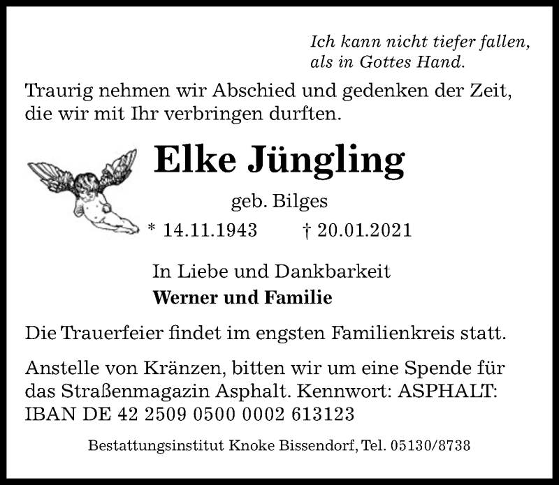  Traueranzeige für Elke Jüngling vom 27.01.2021 aus Hannoversche Allgemeine Zeitung/Neue Presse