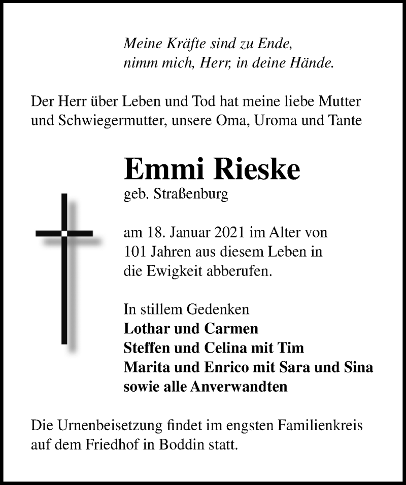  Traueranzeige für Emmi Rieske vom 23.01.2021 aus Märkischen Allgemeine Zeitung