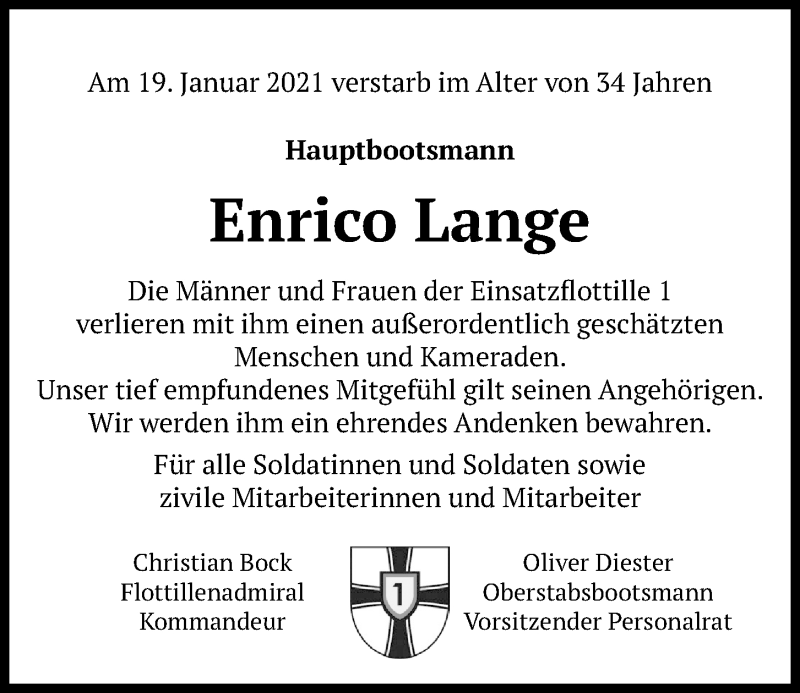  Traueranzeige für Enrico Lange vom 27.01.2021 aus Kieler Nachrichten