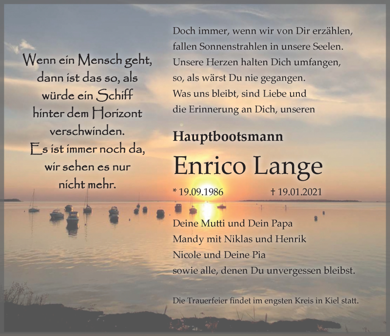  Traueranzeige für Enrico Lange vom 27.01.2021 aus Ostsee-Zeitung GmbH
