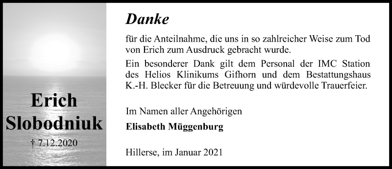  Traueranzeige für Erich Slobodniuk vom 15.01.2021 aus Aller Zeitung