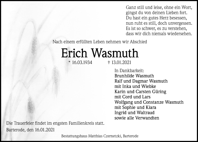  Traueranzeige für Erich Wasmuth vom 16.01.2021 aus Göttinger Tageblatt