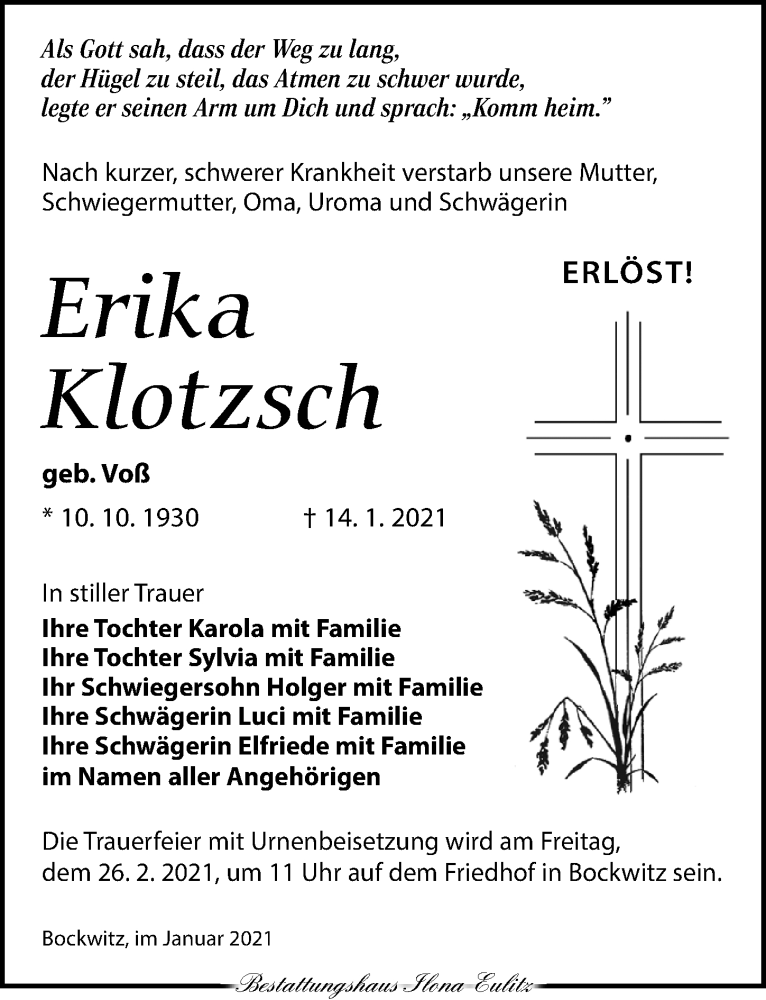  Traueranzeige für Erika Klotzsch vom 23.01.2021 aus Torgauer Zeitung