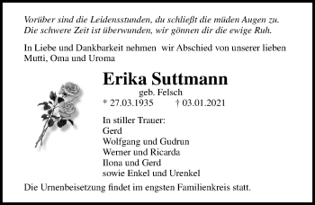 Traueranzeige von Erika Suttmann von Ostsee-Zeitung GmbH