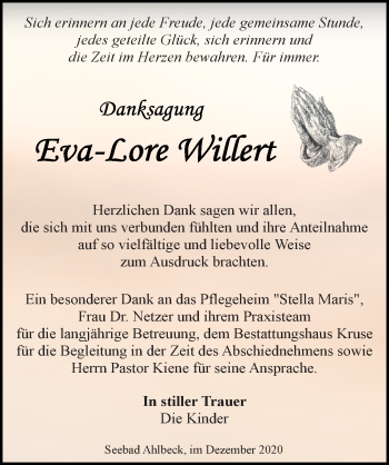 Traueranzeige von Eva-Lore Willert von Ostsee-Zeitung GmbH