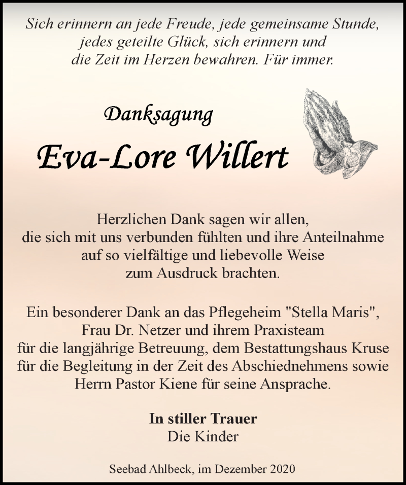  Traueranzeige für Eva-Lore Willert vom 23.01.2021 aus Ostsee-Zeitung GmbH