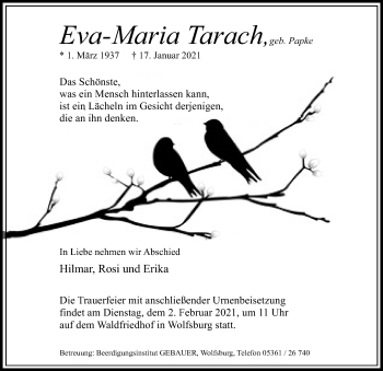 Traueranzeige von Eva-Maria Tarach von Aller Zeitung