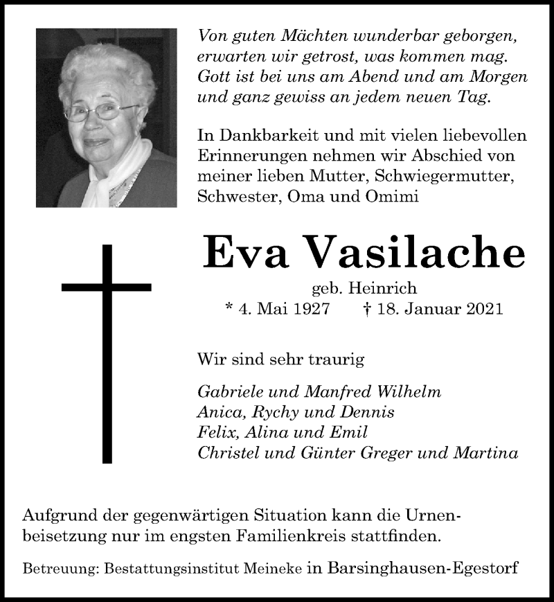  Traueranzeige für Eva Vasilache vom 23.01.2021 aus Hannoversche Allgemeine Zeitung/Neue Presse