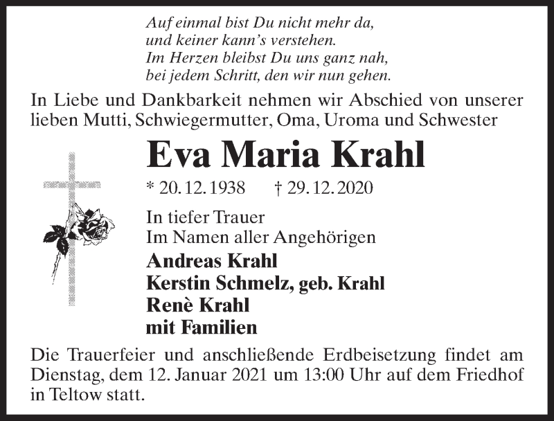  Traueranzeige für Eva Maria Krahl vom 09.01.2021 aus Märkischen Allgemeine Zeitung