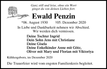Traueranzeige von Ewald Penzin von Ostsee-Zeitung GmbH
