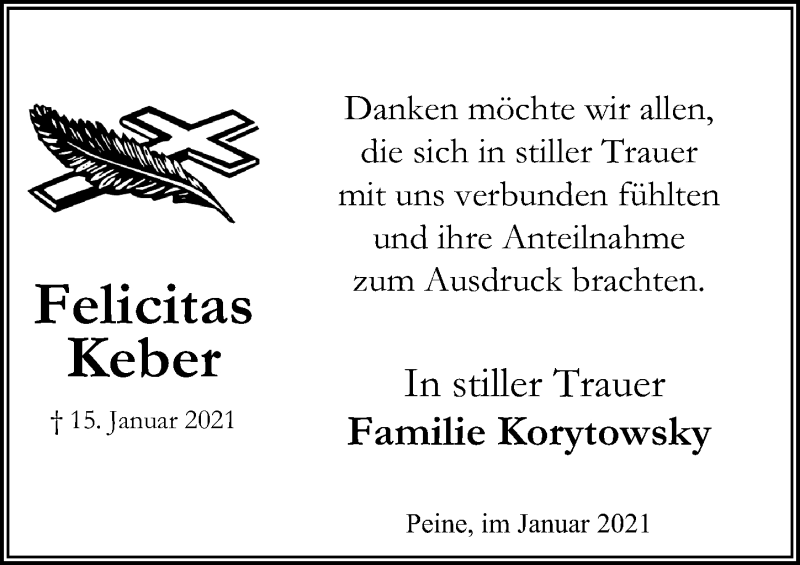  Traueranzeige für Felicitas Keber vom 29.01.2021 aus Peiner Allgemeine Zeitung