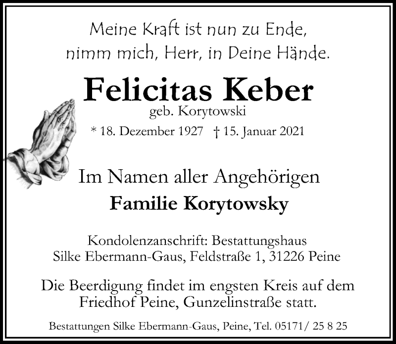  Traueranzeige für Felicitas Keber vom 19.01.2021 aus Peiner Allgemeine Zeitung
