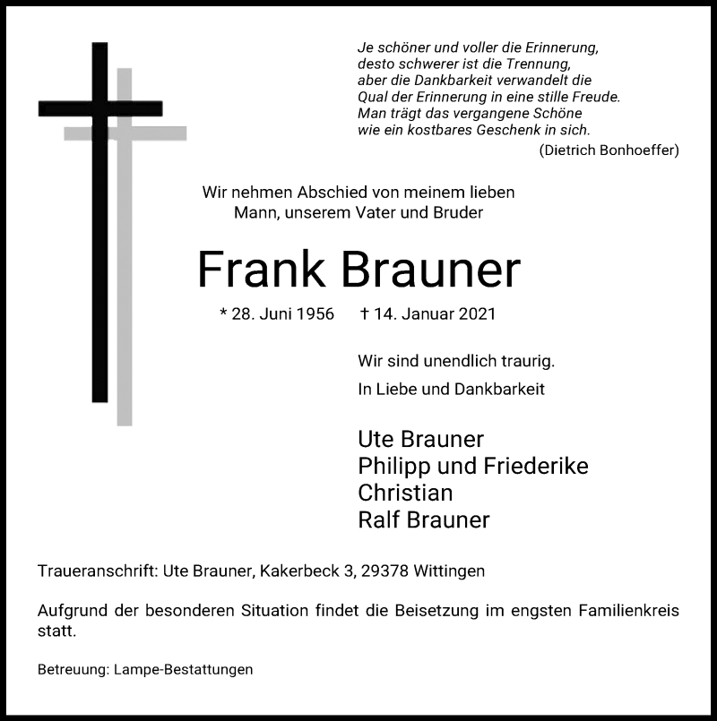  Traueranzeige für Frank Brauner vom 19.01.2021 aus Aller Zeitung