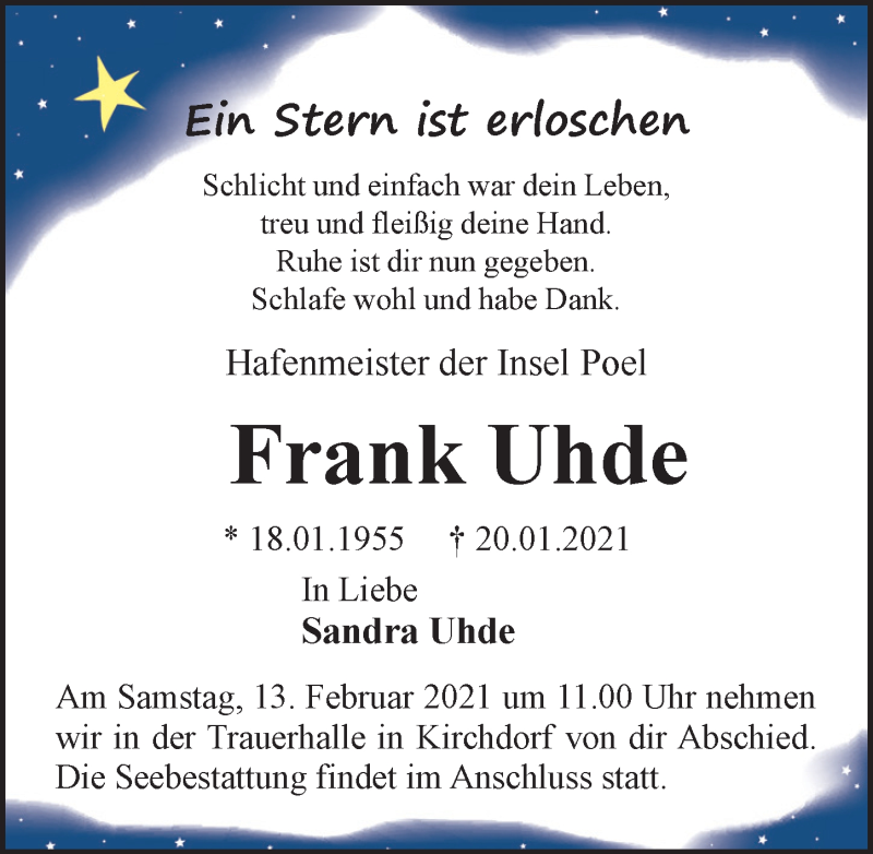  Traueranzeige für Frank Uhde vom 23.01.2021 aus Ostsee-Zeitung GmbH