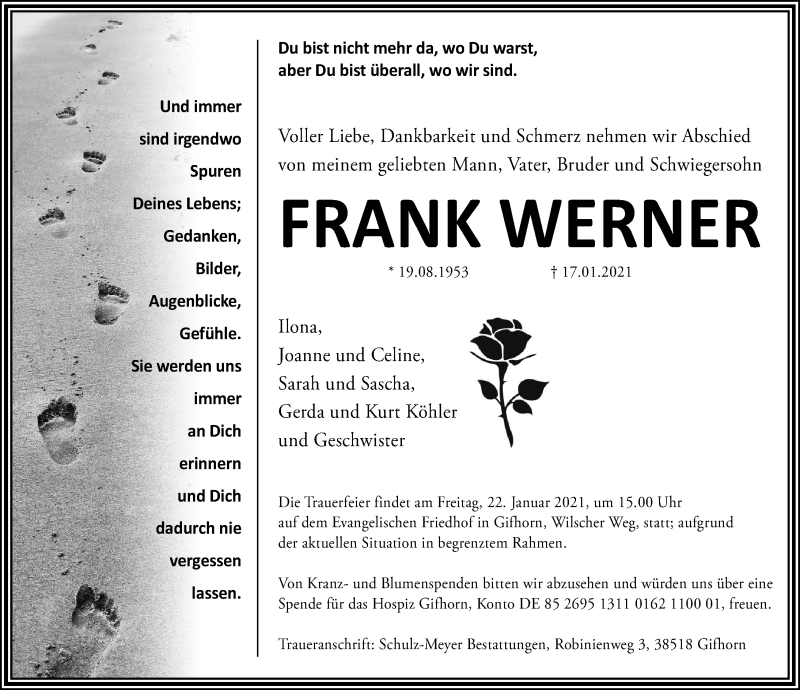  Traueranzeige für Frank Werner vom 21.01.2021 aus Ostsee-Zeitung GmbH