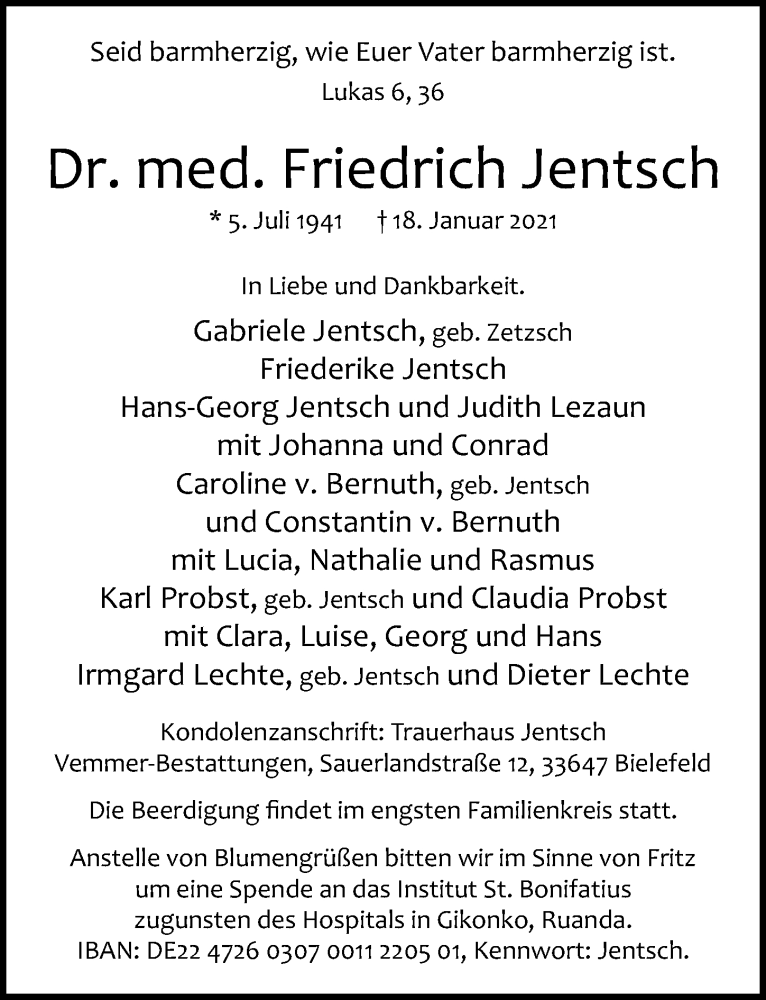  Traueranzeige für Friedrich Jentsch vom 23.01.2021 aus Göttinger Tageblatt