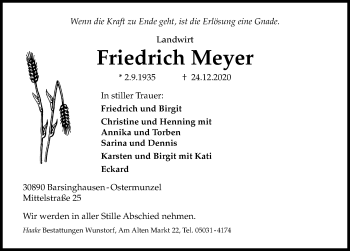 Traueranzeige von Friedrich Meyer von Hannoversche Allgemeine Zeitung/Neue Presse