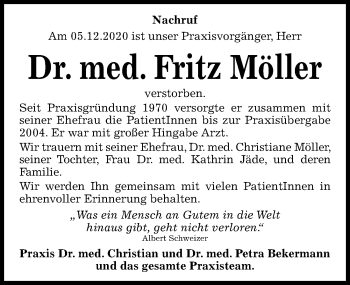 Traueranzeige von Fritz Möller von Aller Zeitung