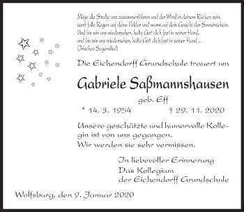 Traueranzeige von Gabriele Saßmannshausen von Aller Zeitung