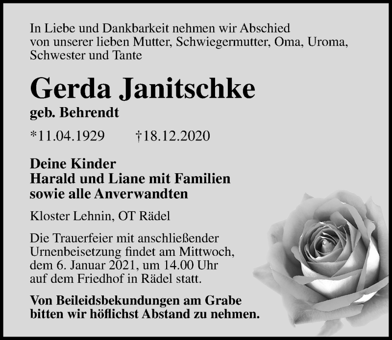  Traueranzeige für Gerda Janitschke vom 02.01.2021 aus Märkischen Allgemeine Zeitung